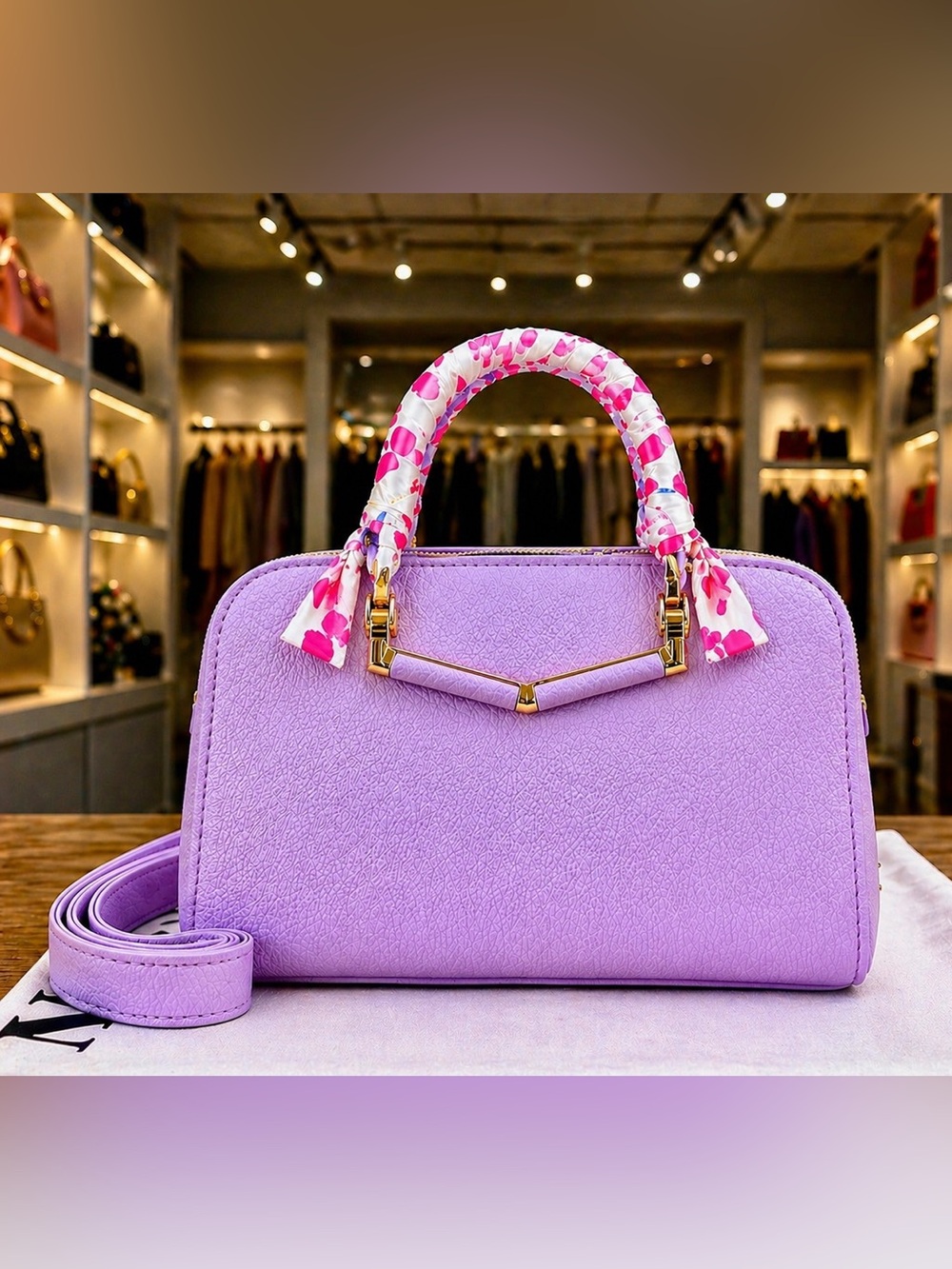 Lavender Satchel Bag Top Handle Crossbody Structured Gold Hardware w/ Scarf BNWT - Picture 4 of 4